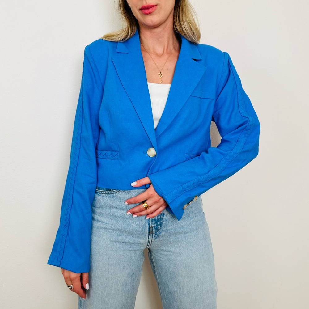 New Jason Wu Aqua Blue Linen Blend Cropped Blazer